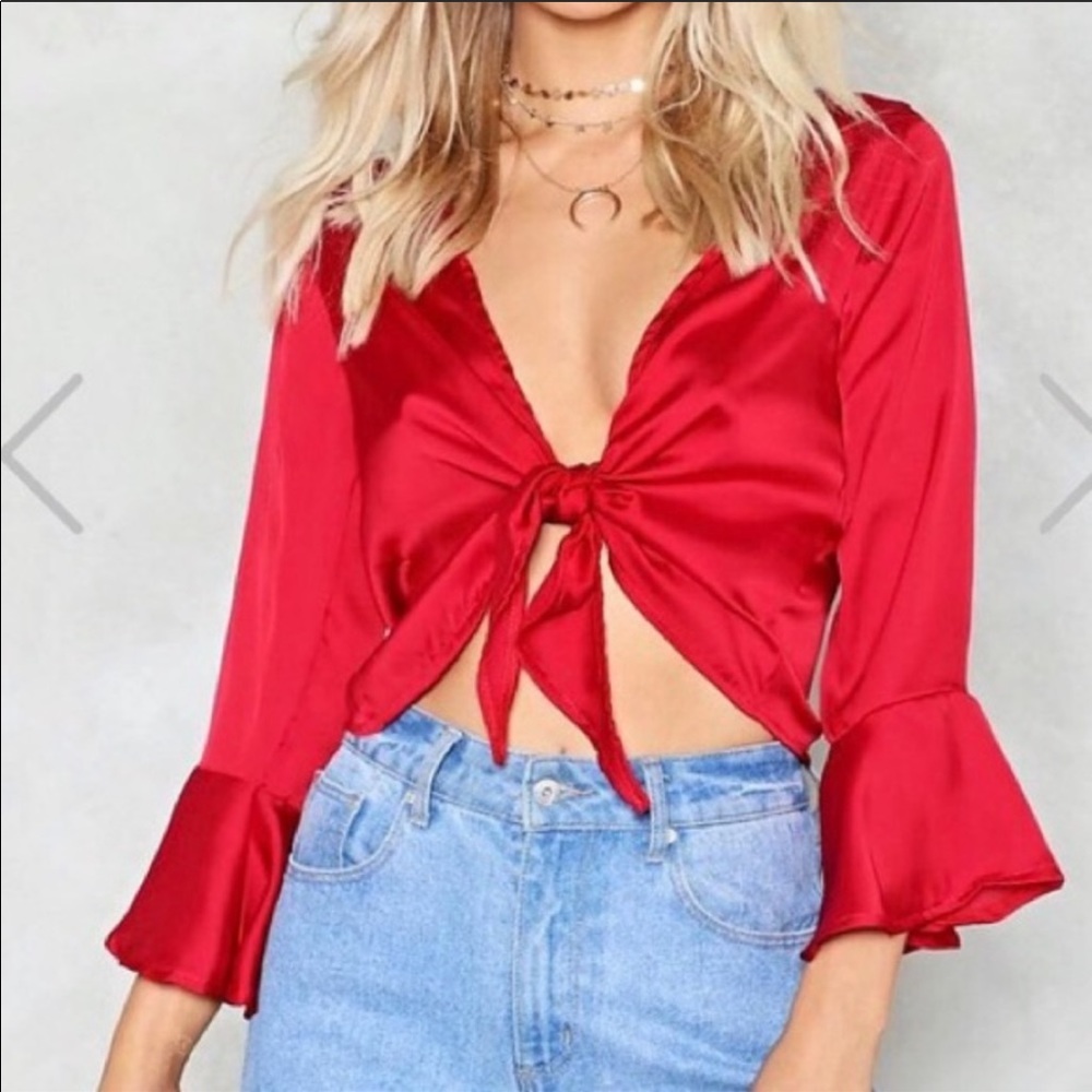NASTY GAL RED SATIN TIE FRONT RUFFLE CROPTOP